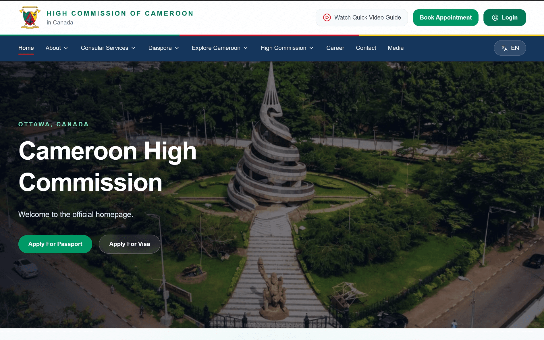 Cameroon High Commission in Canada website with passport and visa application calls to action